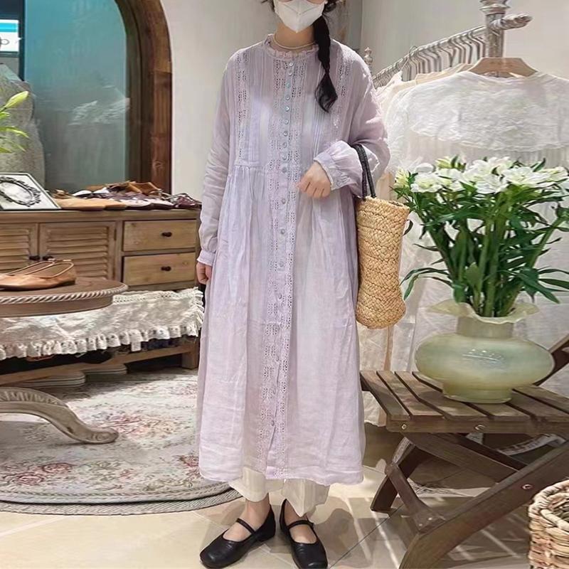 Johnature Japanese Mori Women Hollow Lace Loose Dress Women Summer Thin Loose Casual Vintage Female Dresses