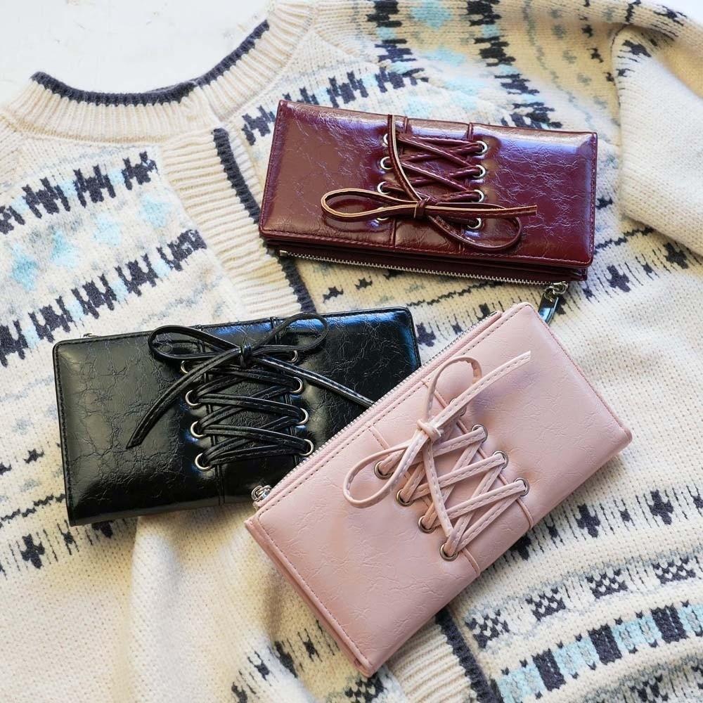 Card Pouch Portable Strap Bow Wallet PVC Multiple Card Balletcore Card Bag Solid Color Fashion Long Leather Purse Dating