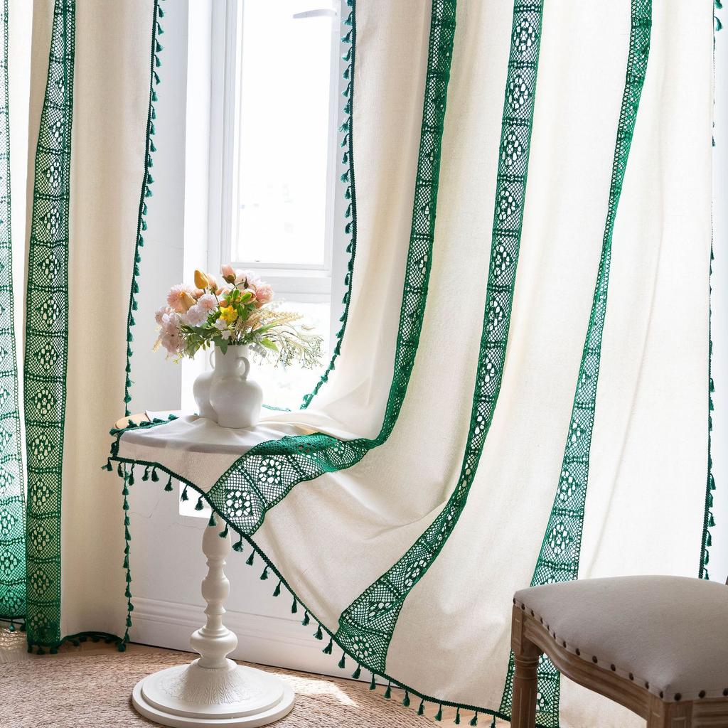 Finished Curtain Splicing Cute Green Contrasting Crochet Hollow Cotton Thread Hanging Short Curtain Grid