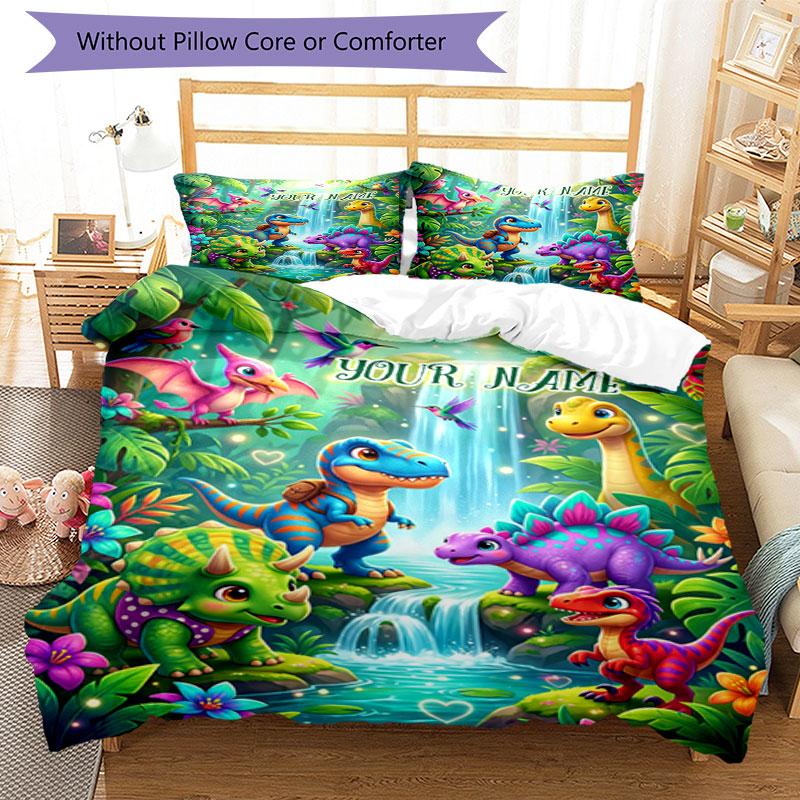 3PC Custom Name Dinosaur Fantasy World Bedding Set Duvet Cover Closure Includes 1 Duvet Cover & 2 Pillowcases for Bedroom