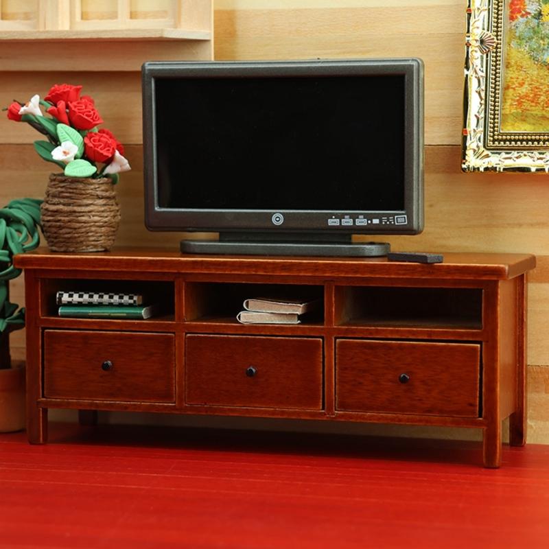 Miniature Wood TV Cabinet With Functional Drawer Doll House Living Room Scene Display Accessory Craft Model Furniture
