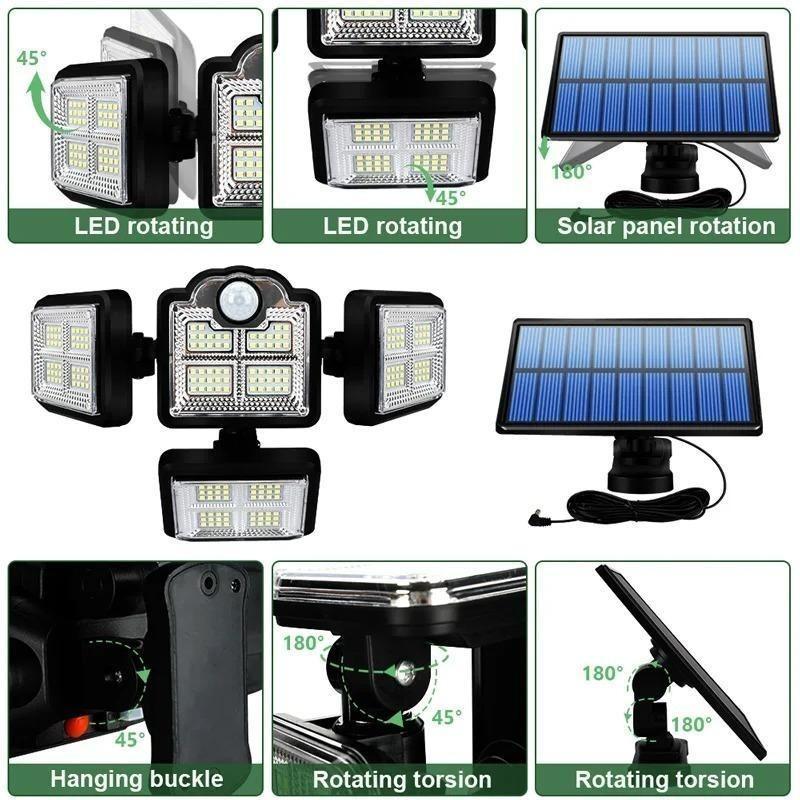 5000LM 198LED Solar Wall Light Four Head Rotating Split Waterproof Solar Outdoor Light Human Body Induction Garden Street Light