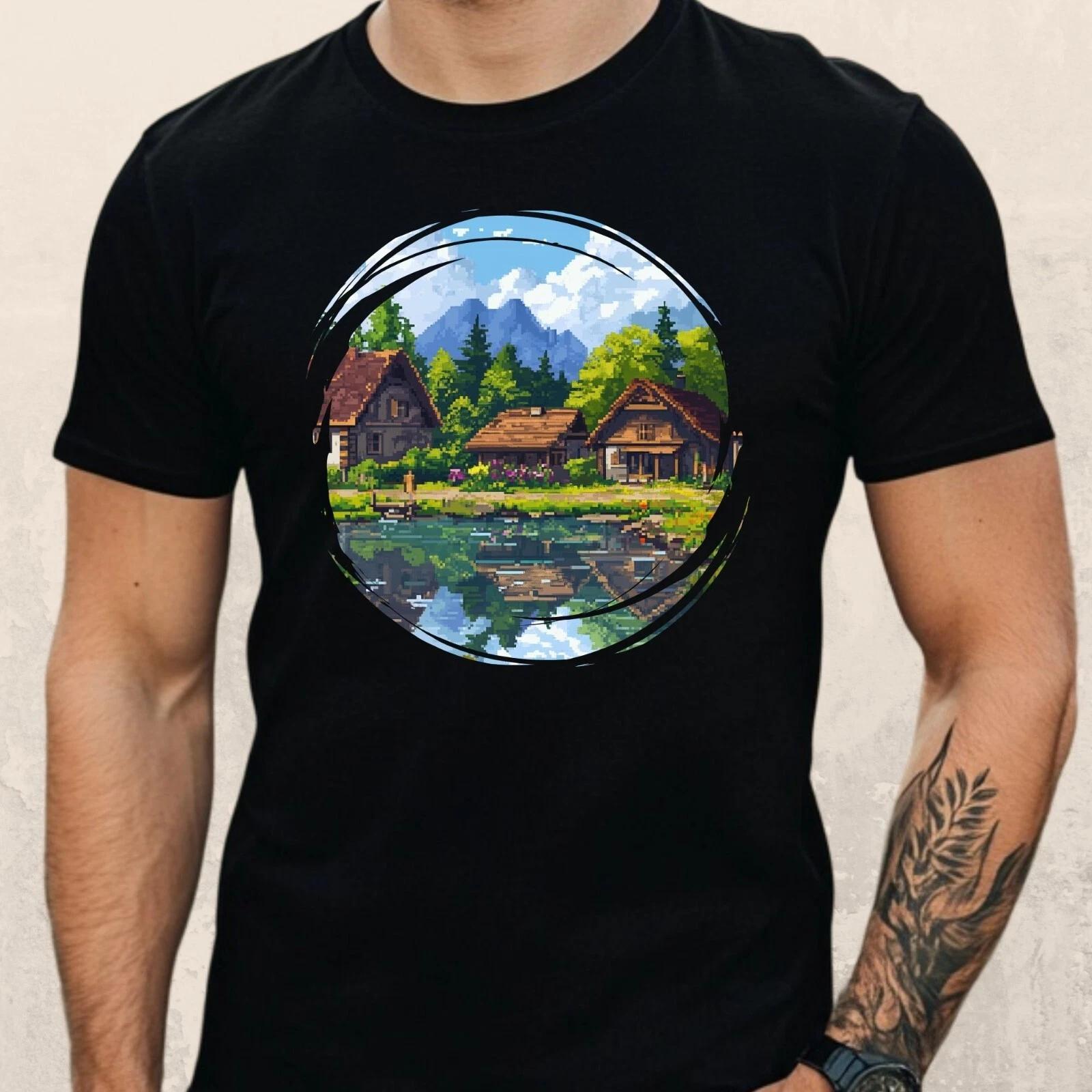 T-Shirt Herren Pixel Art Landschaft Motiv Baumwolle Größe S bis 5XL L