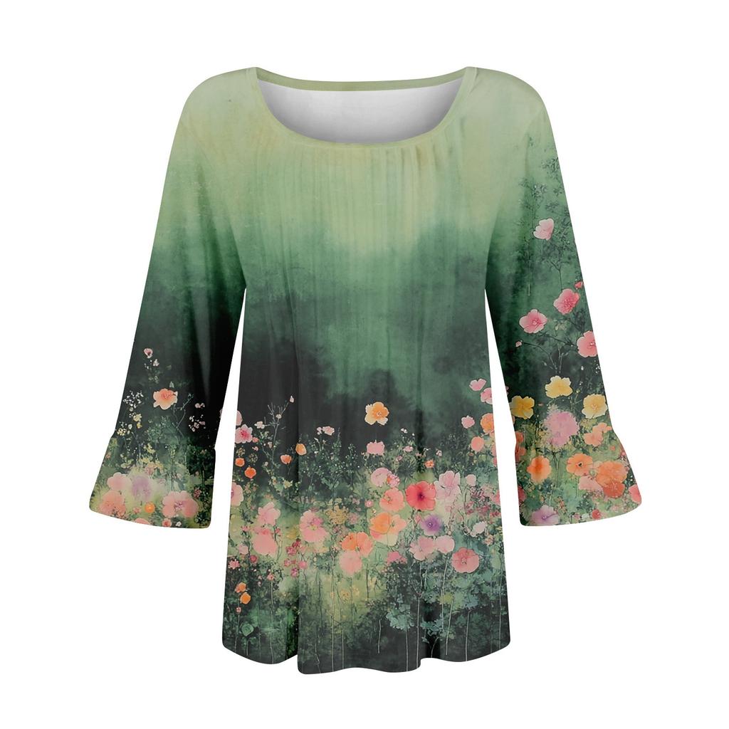 Damenmode Lässig Plissiert Rundhals Blumenmuster Dreiviertelarm T-Shirt Top