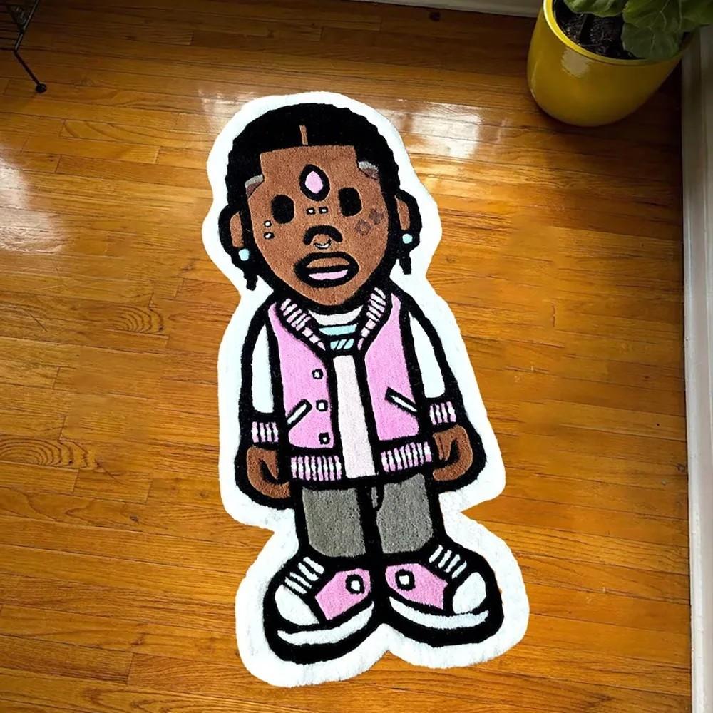 Hip Hop Masked Boy Shaped Area Rug, Streetwear Cartoon Floor Mat, Non-Slip Washable Bedside Carpet for Bedroom