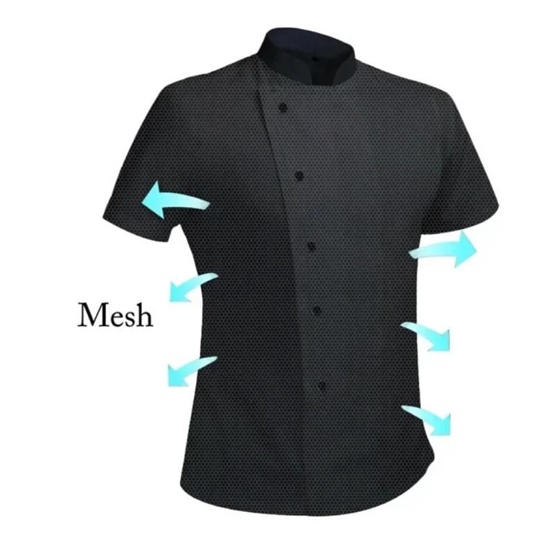 Veste de chef d'été respirante à 360° pour hommes et femmes, chemise de cuisine à manches courtes, hauts de travail frais, tenue de cuisine noire pour service alimentaire