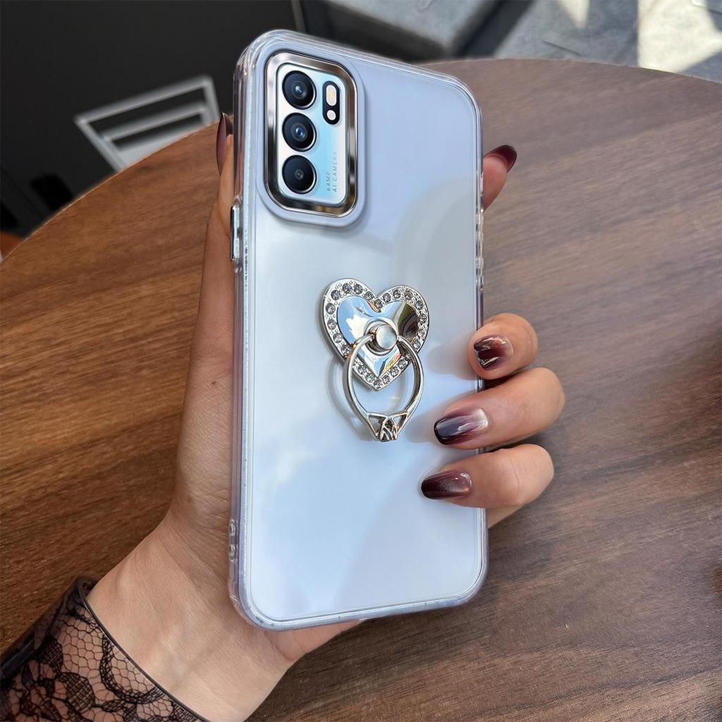 Luxury Bling Rhinestone Heart Ring Bracket Clear Phone Case for OPPO Reno6 5G Stand Cover