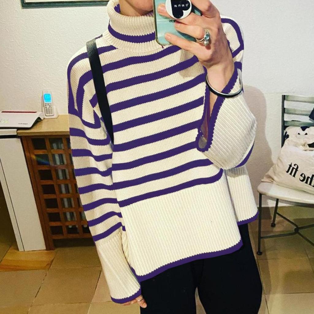 Women Fall Winter Turtleneck Long Sleeve Knit Striped Slit Loose Sweater