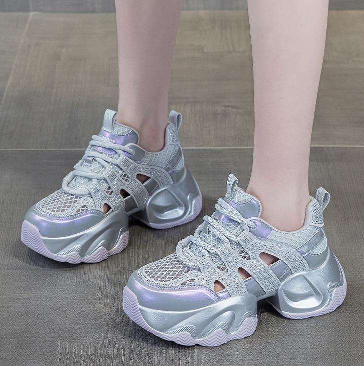 7CM Air Mesh PU Synthetic Flats Summer Women Chunky Sneakers Slippers Platform Wedge Microfiber Leather Bling Sandals Shoes