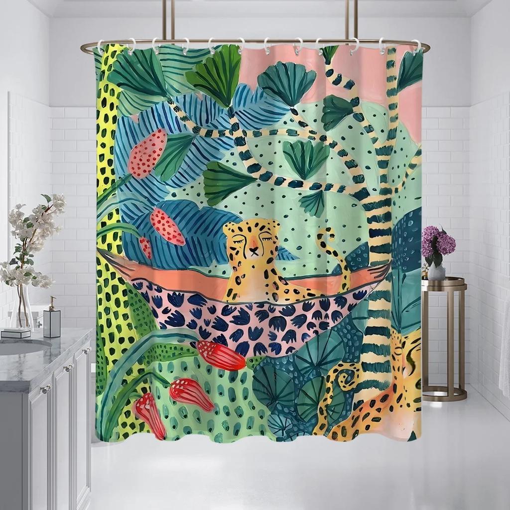1 pc cartoon leopard digital printed bathroom shower curtain set perforated strap hook for bathroom privacy and home decoration