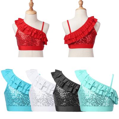 Kids Girls Dance Crop Top Asymmetrical Shoulder Straps Sleeveless Sequins Ruffle Tops Ballet Jazz Dance Stage Performance Wear