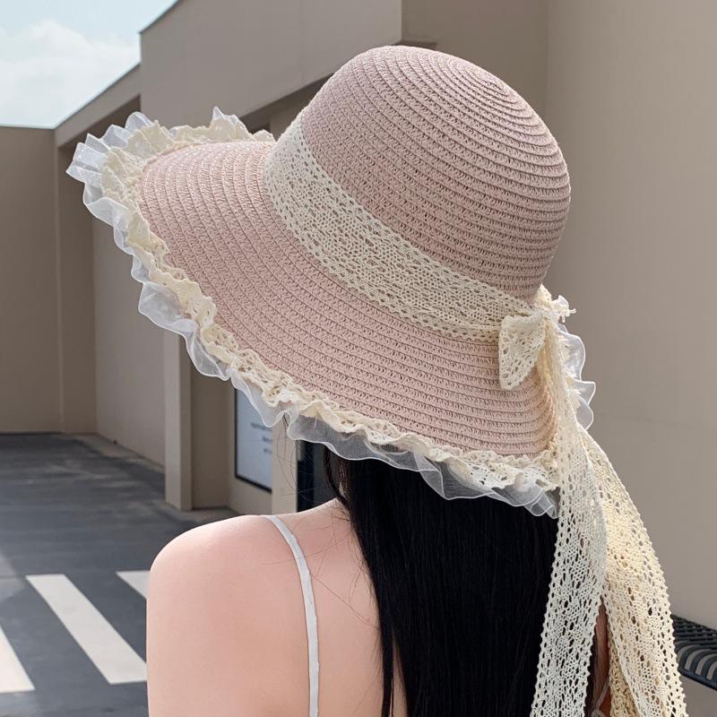 French sweet bow lace straw hat women's summer seaside vacation beach hat outdoor photo shade sun protection hat