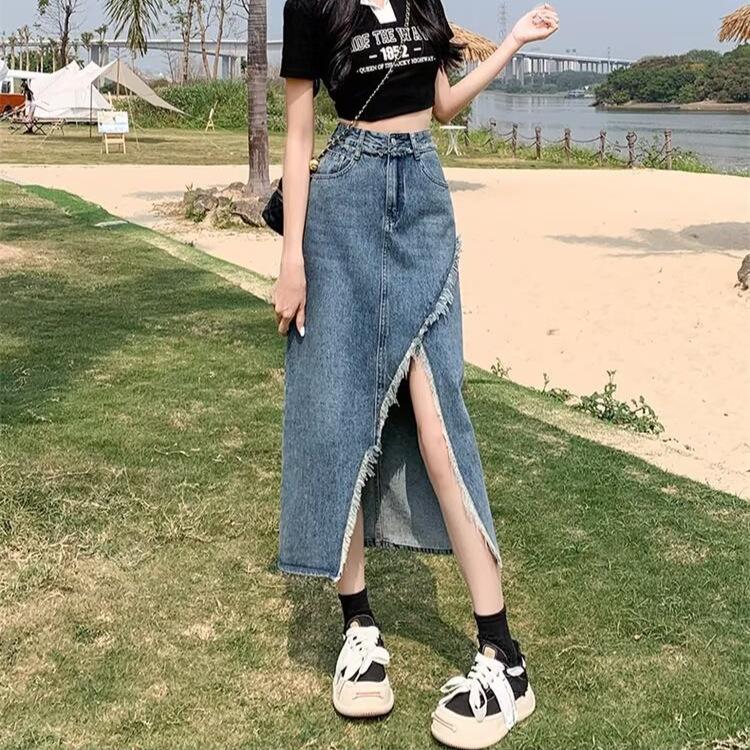 Damen Vintage High Waist A-Linien Denim Midi-Rock mit Fransen-Saum und Trendy Schlitz