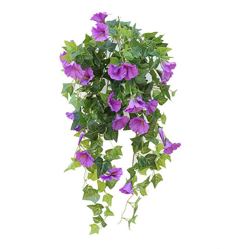 

Lifelike Hanging Basket Of Artificial Fake Silk Morning Glory Flower Vine For Home Wall Decor