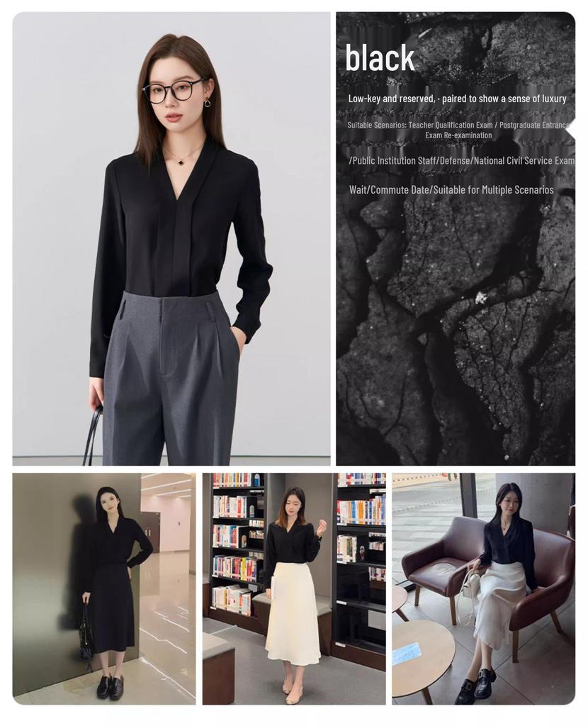 Women's White Chiffon V-Neck Professional Shirt – Elegant Formal Wear for Interviews and Office Settings