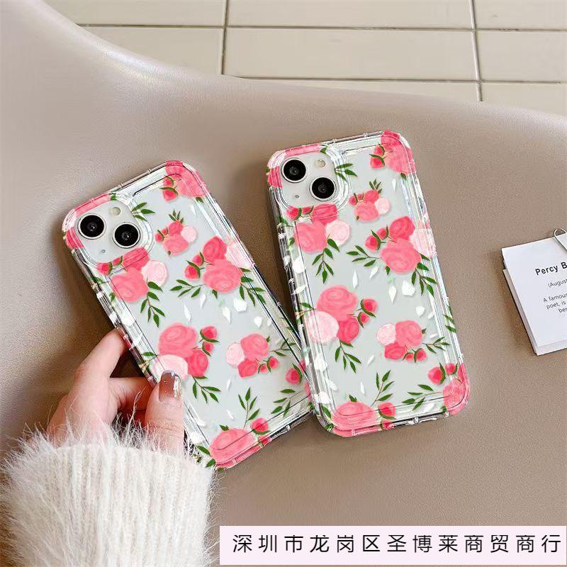 Colorful flower iPhone15promax mobile phone case Apple 14 transparent 13/12 large hole airbag anti-drop 11/16