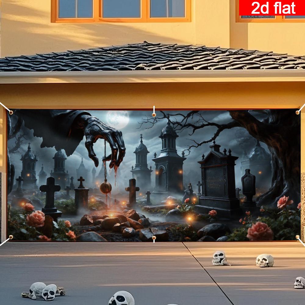 2D flat banner 1 Halloween garage door covering banner gothic-style cemetery decoration.PMJ