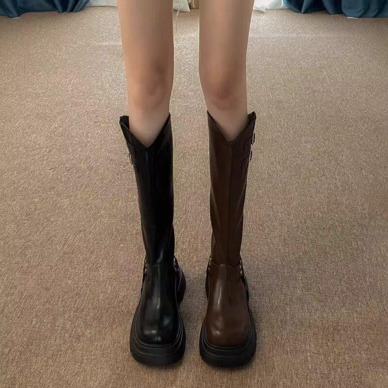Brown Western Cowboy Boots Women's But Knee Boots Metal Belt Buckle Thick Heel Thick Bottom Tall Knight Single Boots