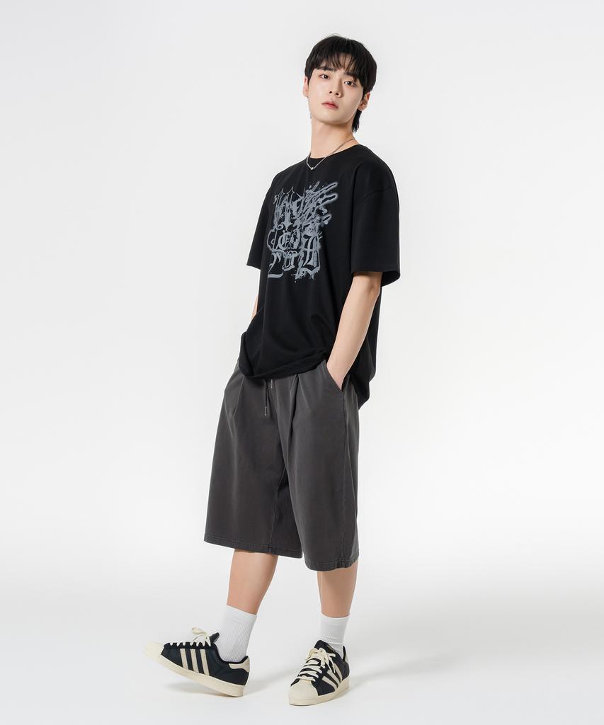 MOZMOZ [Set] Ink Short Sleeve + Wide Single-Pleat Shorts Set-Up Black
