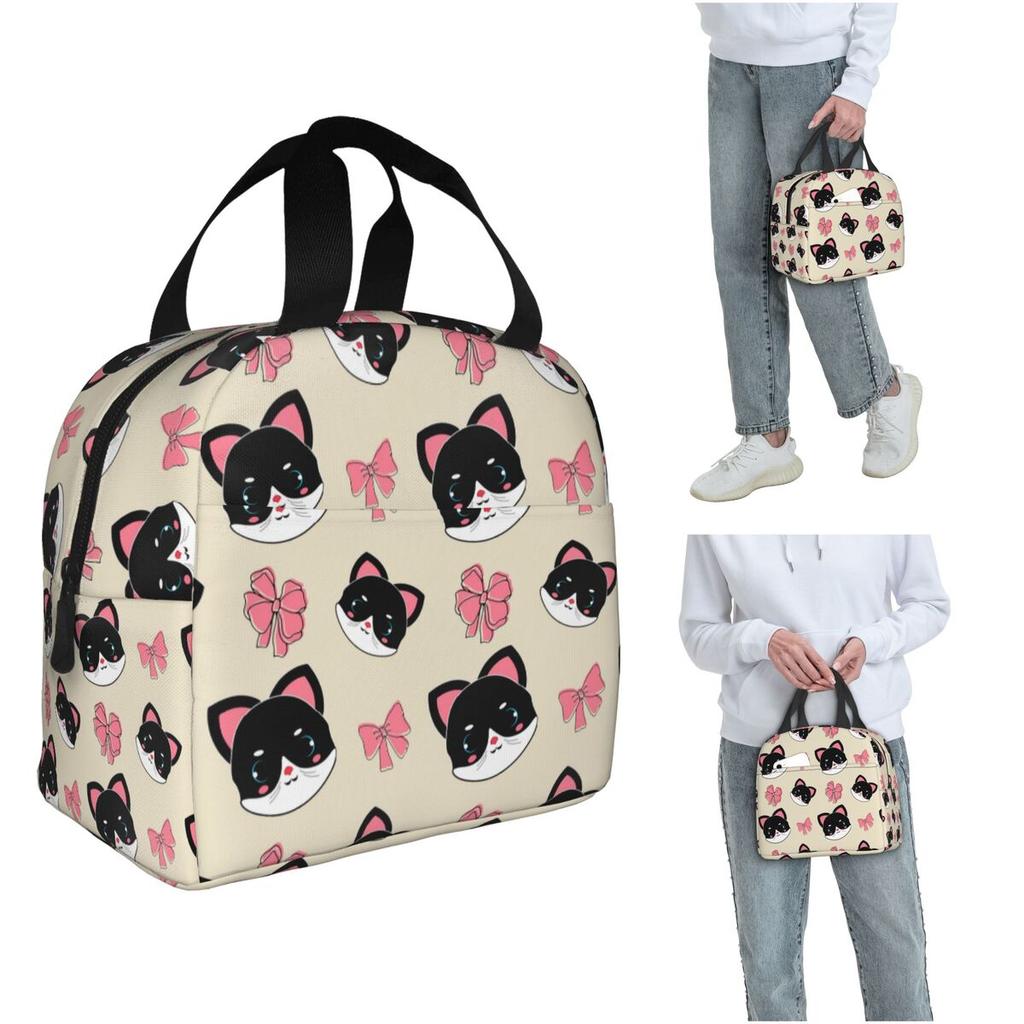 Cute Kitten With Bow Pattern Insulated Lunch Bag for Women Children Portable Food Boxes Thermal Lunch Box Tote