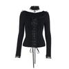 Goth Black Lace Trim Long Sleeve T-Shirts Vintage Sexy Lace-up Square Collar Tops with Choker Cross Women Autumn Tees