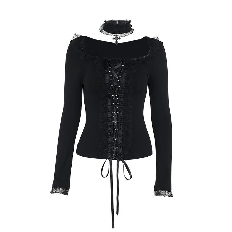 Goth Black Lace Trim Long Sleeve T-Shirts Vintage Sexy Lace-up Square Collar Tops with Choker Cross Women Autumn Tees