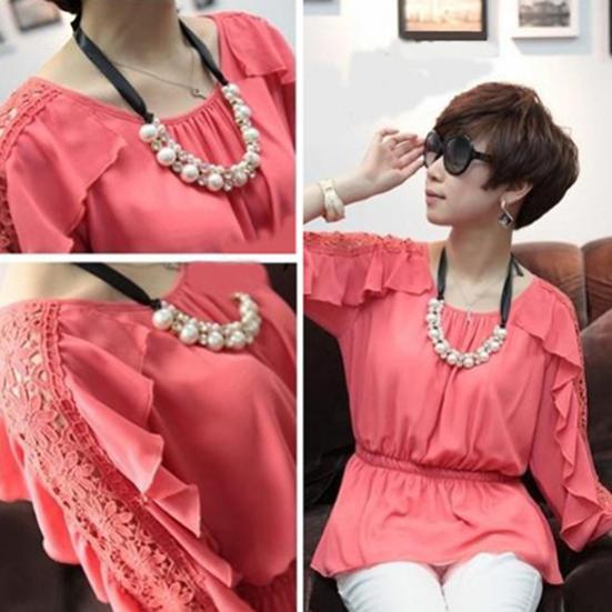 Kvinner mote dobbel rad Faux Pearl Justerbar Ribbon Chain Choker halskjede