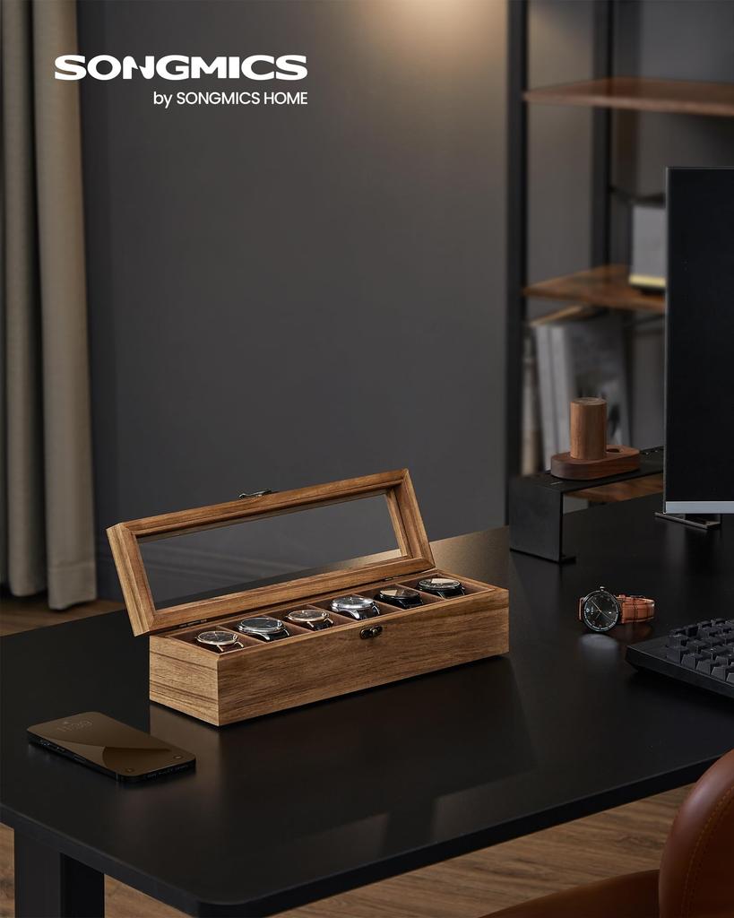 SONGMICS Wooden Watch Case for 6 Collection Case with Clear Watch Accessory Stylish Day Gift for Men and Birthday JOW006K01 Watches, Window, Box,