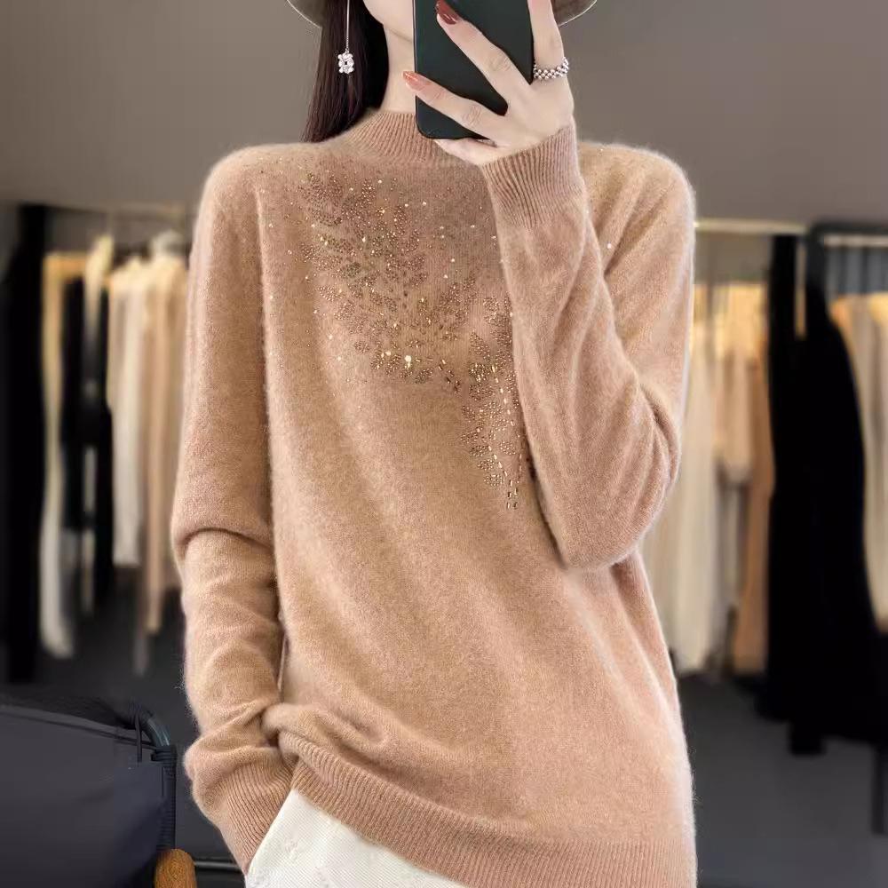 Fall Winter Crystal Mock Neck Knit Base Layer Women Sweater Inner Wear Pullover