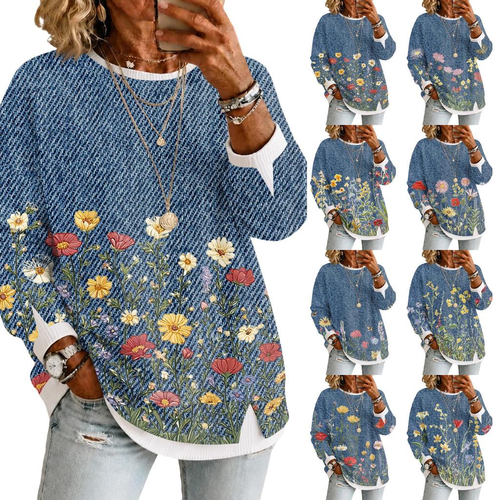 Women's Retro Floral Print Long Sleeve Pullover Top with Casual Round Neck