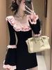 Chic Black Knit Dress with Lace Collar and Bell Sleeves - Women's 2025 Autumn/Winter Waist-Cinched Short Skirt