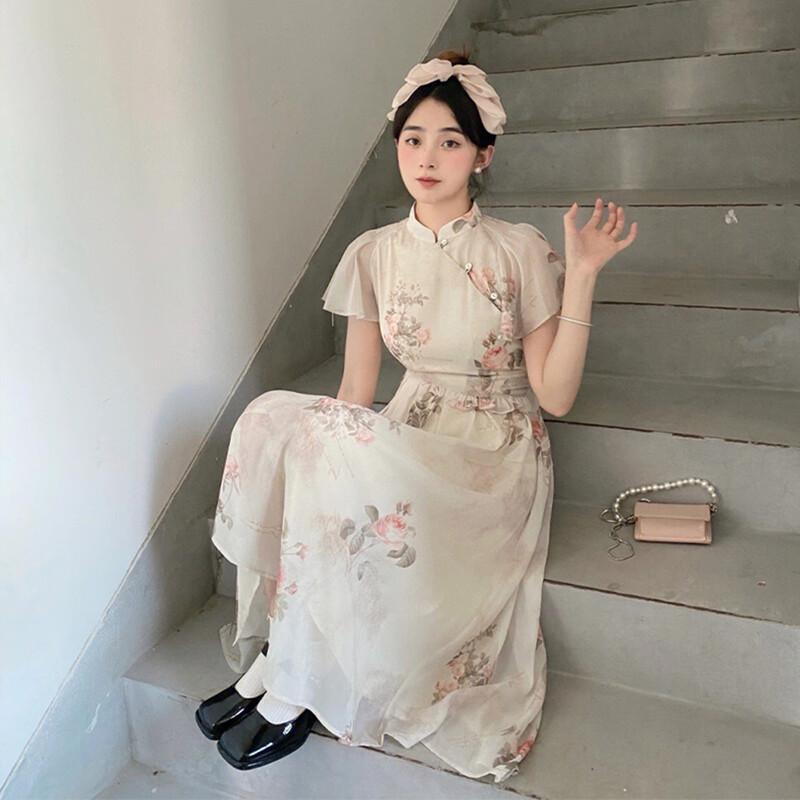 JK&JS New Chinese Style Printed Short Sleeve Long Dress S