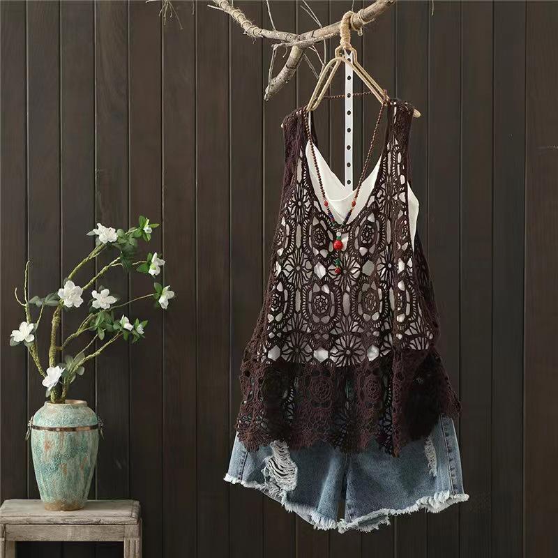 

Летняя вязаная кружевная майка в стиле Мори - Винтажный литературный жилет-кардиган свободного кроя для женщин One Size кофейный