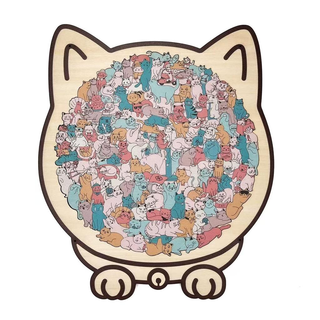 135pcs Cat-shaped Wooden Jigsaw Puzzle Unique Irregular Puzzle Pieces Game Birthday Xmas Gifts for Cat Lovers Home Decorations