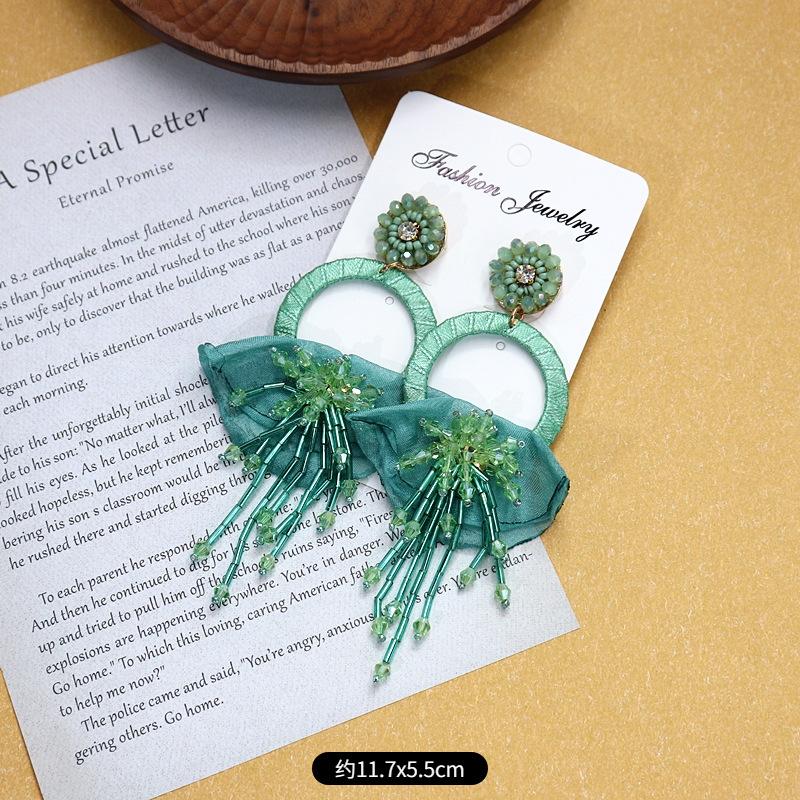 Bohemian Crystal Fringed Flower Large Circle Stud Earrings Women's Long Temperament Vacation Earrings Retro Earrings
