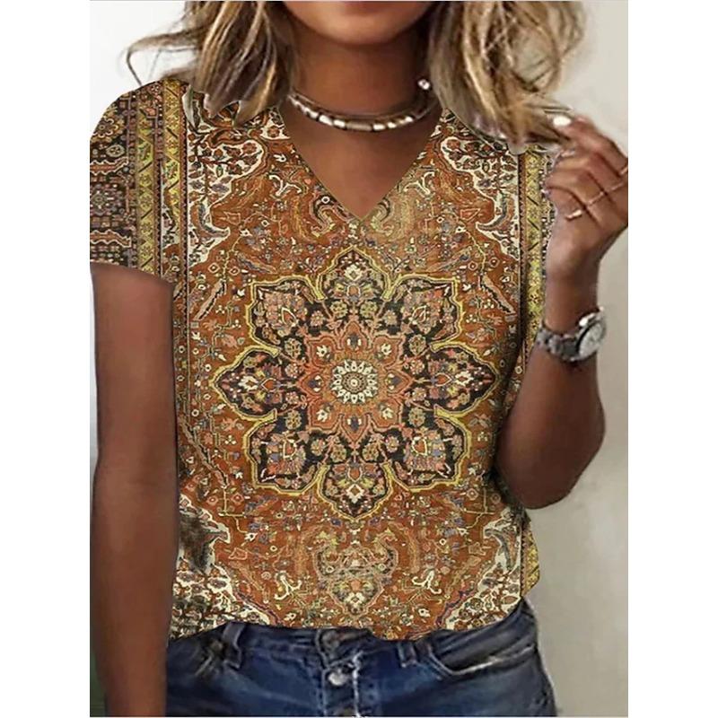 Women V Neck Floral Print Lace Patchwork Short Sleeve Casual T Shirt