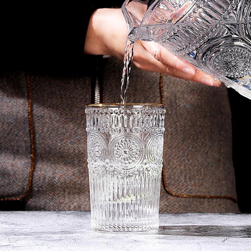 2pcs/1pcs Gold Edge Glass 300ml/350ml Beverage Cup Flower Pattern Carving Water Cups Transparent Thickened Glass Wholesale Cups