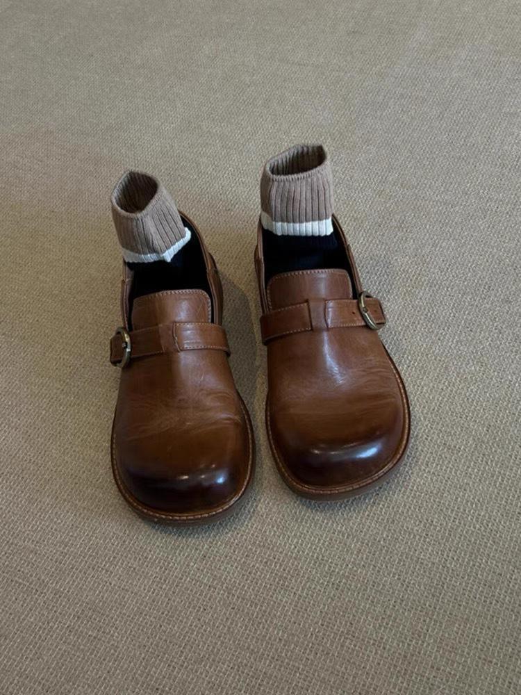 

Ретро британский стиль кожаные полированные маленькие кожаные туфли женские осень и зима толстый каблук круглый носок глубокий вырез биркенштоки лоферы одинарные туфли 40 коричневый