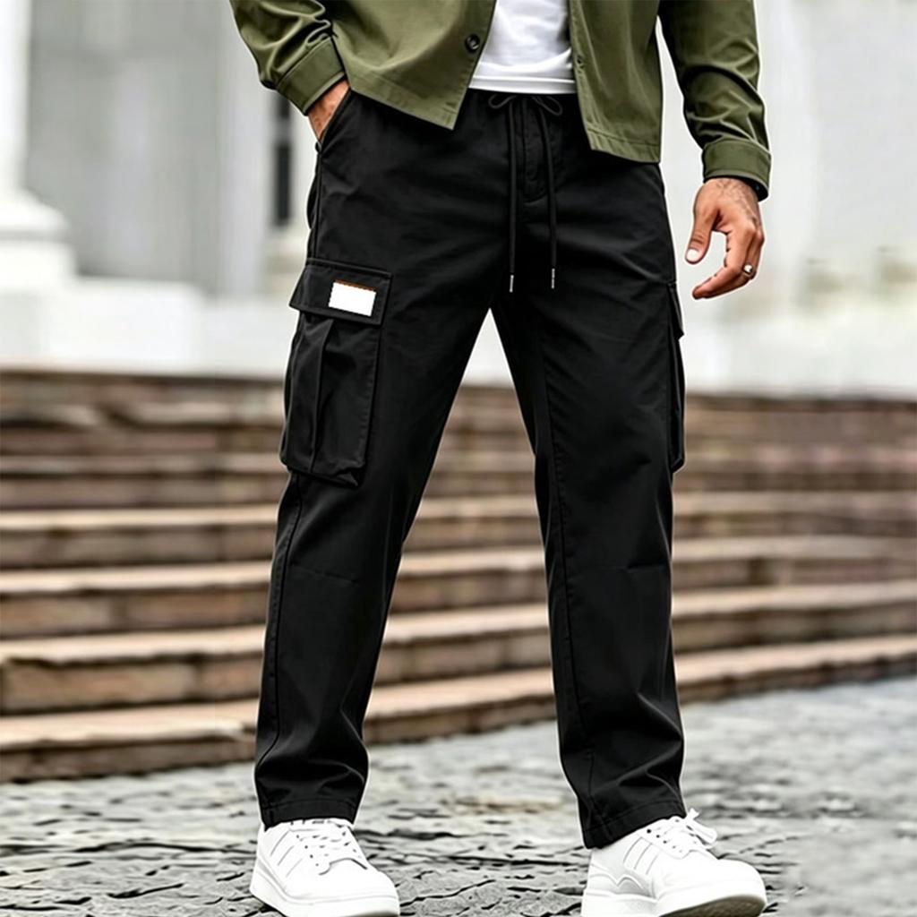 Men Drawstring Waist Cargo Pants with Multiple Pockets Relaxed Fit Trousers for Daily Casual Outdoor Activities