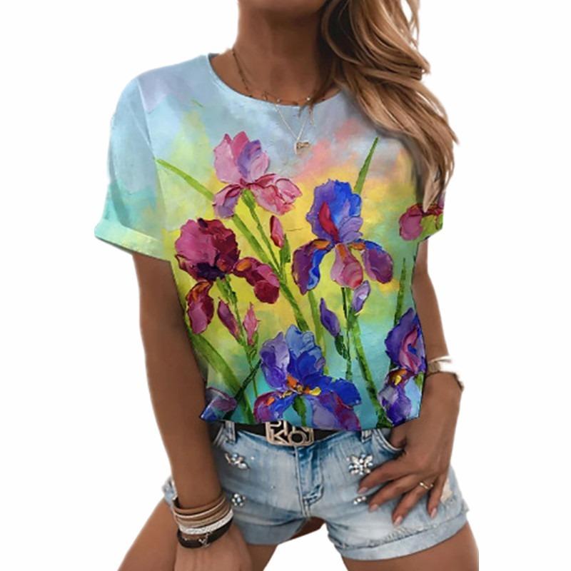

3D Floral Pattern Round Neck T-shirt with Casual Commuting Style for Women s Wear Shirt 5XL