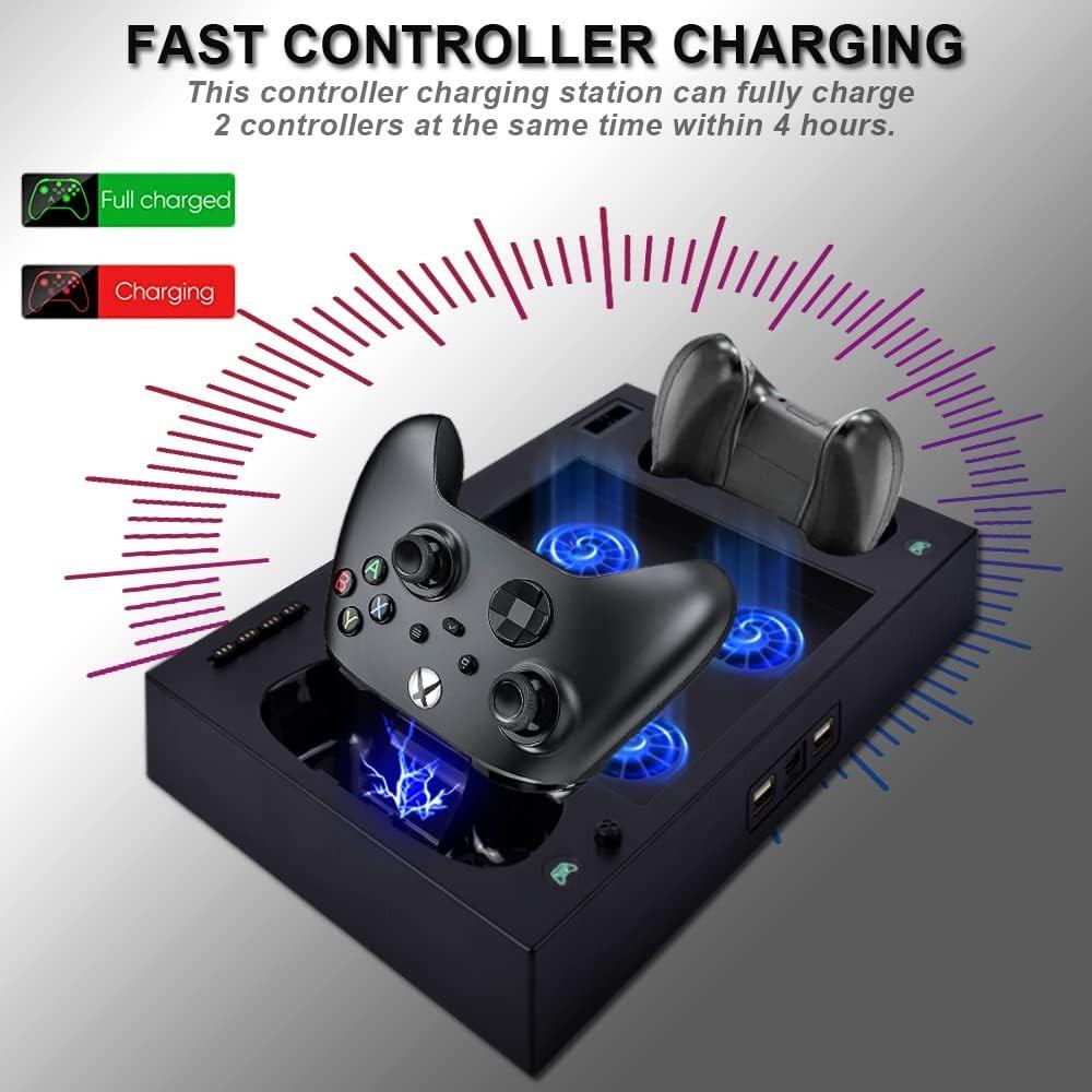 Suporte para Xbox Series X com ventoinha, estação de carregamento para dois controles com 4 ventoinhas de resfriamento, 1 suporte para fone de ouvido, pacote com 2 baterias recarregáveis de 1400 mAh