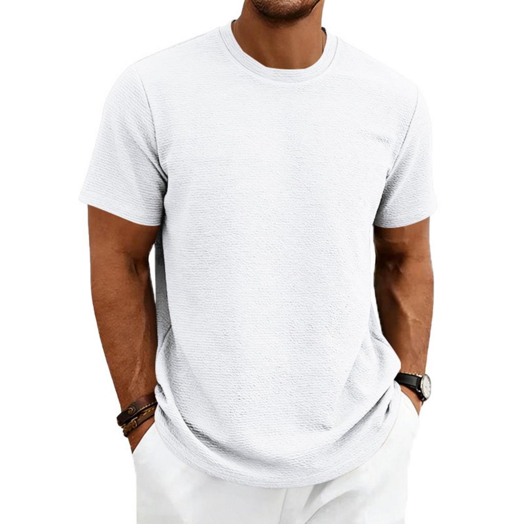 Men's Textured Fabric Loose Stretch Round-neck Short-sleeved Shirt