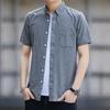 Camicia a maniche corte in seta ghiaccio da uomo estiva sottile ampia blu casual