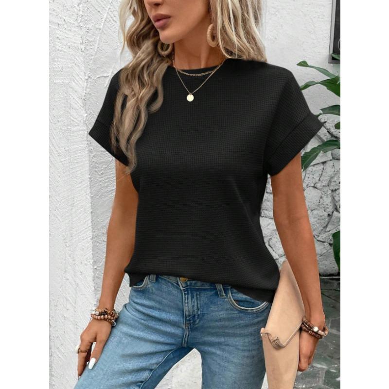 Damenmode Lässig Sommer Frühling Einfarbige Druck Kurzarm Rundhals Blusen Hemden