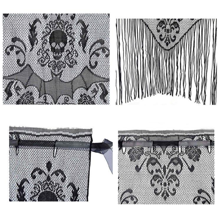 Halloween Black Lace Curtains Tassel Valance Skull Bat Tulle Topper Shawl