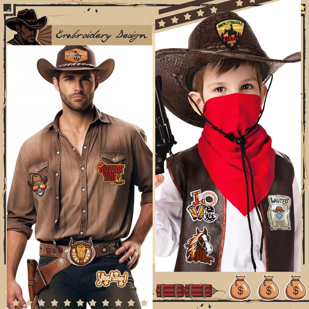 52 Pezzi Stoffa Ricamata Mista Tema Western Denim Adesivo Stile Punk Teschio Patch Adesivo Decorazione Vestiti Cactus