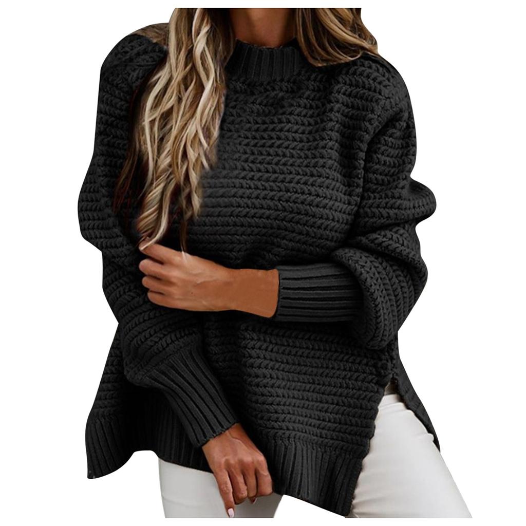 Women  Loose Casual Solid Stitching Long-Sleeved Knitted Sweater