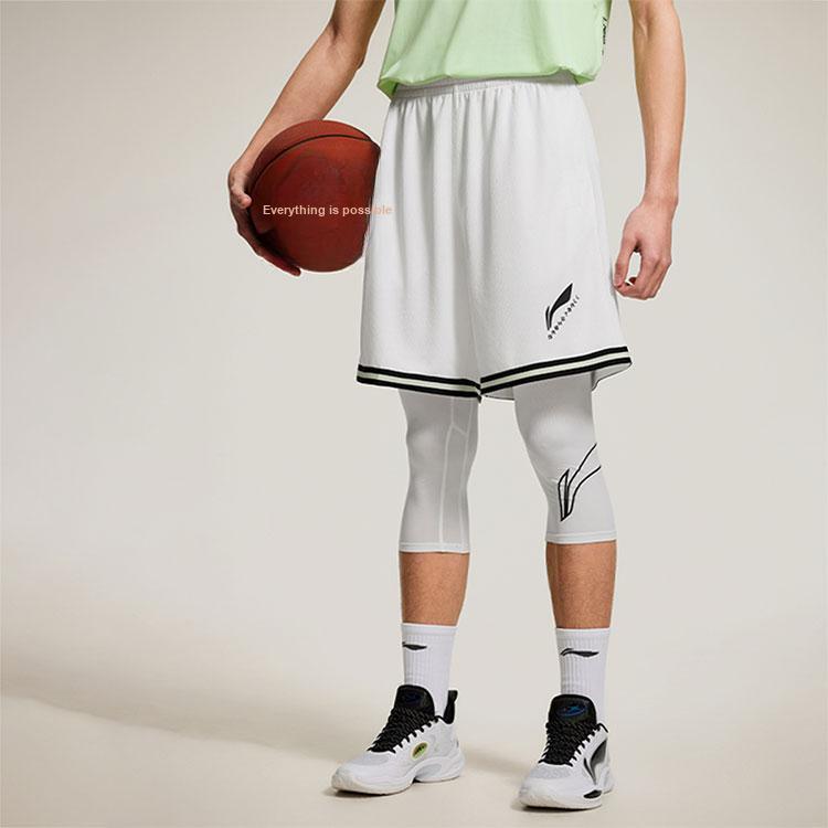 Li Ning CBA Series Professional Basketball Striped Logo Mid-Waist Straight-Leg Sports Shorts Men Shorts White AAPU031-8