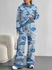European, American Autumn And Winter Blue Splicing Flower Casual Long-Sleeved Suit Women'S Hooded Sweater Trousers Two-Piece Set