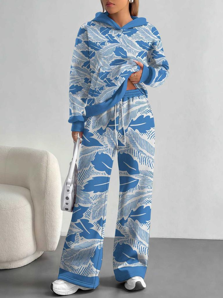 European, American Autumn And Winter Blue Splicing Flower Casual Long-Sleeved Suit Women'S Hooded Sweater Trousers Two-Piece Set